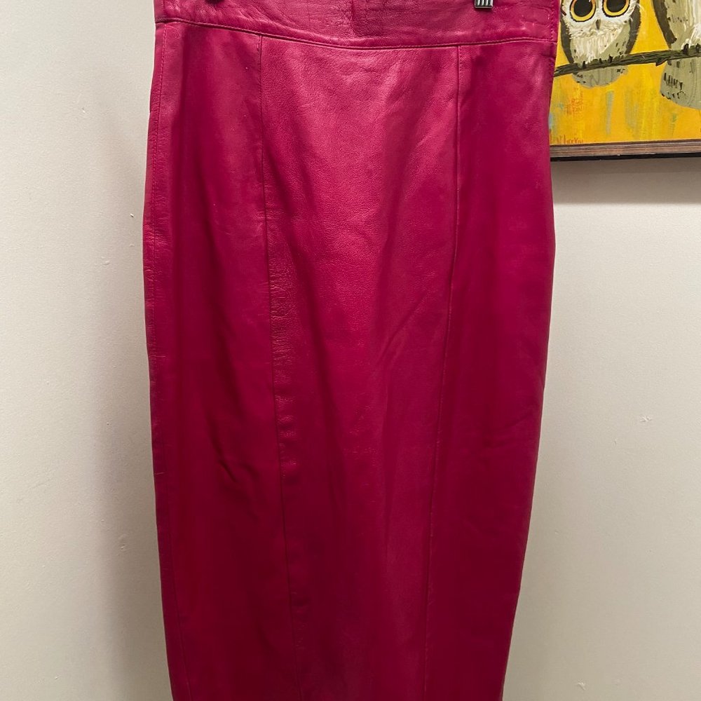 Vintage Pink Leather Midi Skirt by Sandra Roth